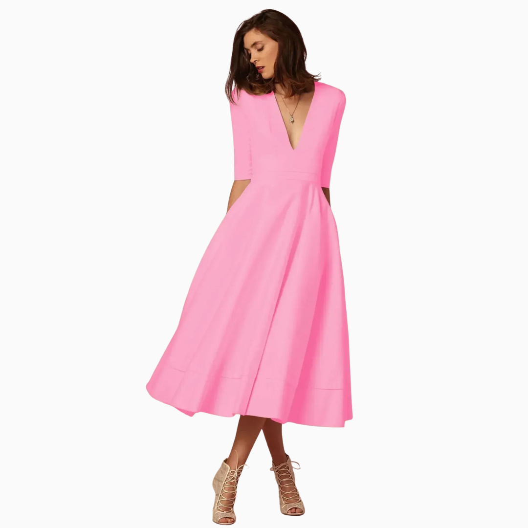 Robe Midi Femme Col V – Taille Ajustée Jupe Évasée | Silhouette Chic au Quotidien