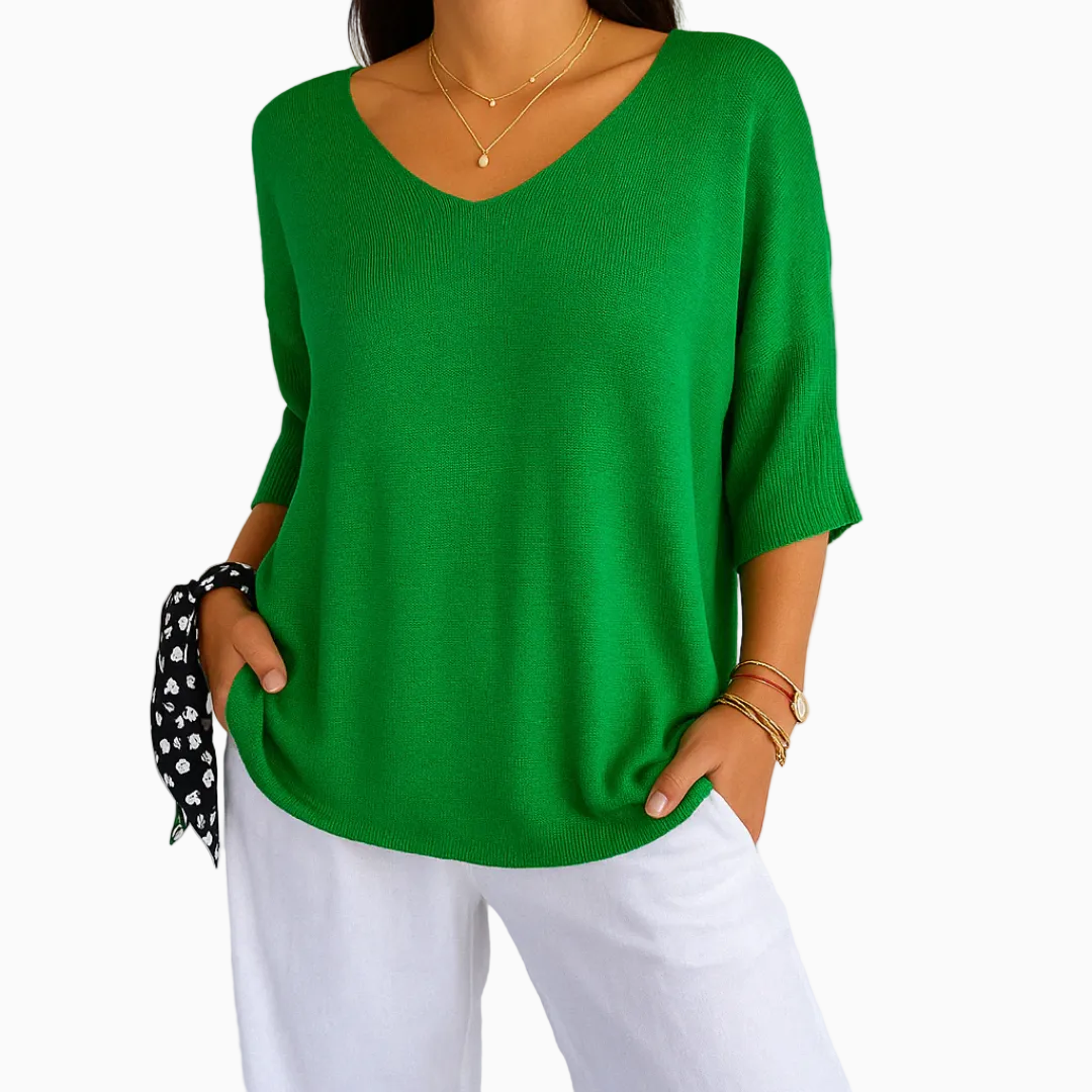 Pull Femme Col V Maille Légère Manches Courtes Coupe Décontractée