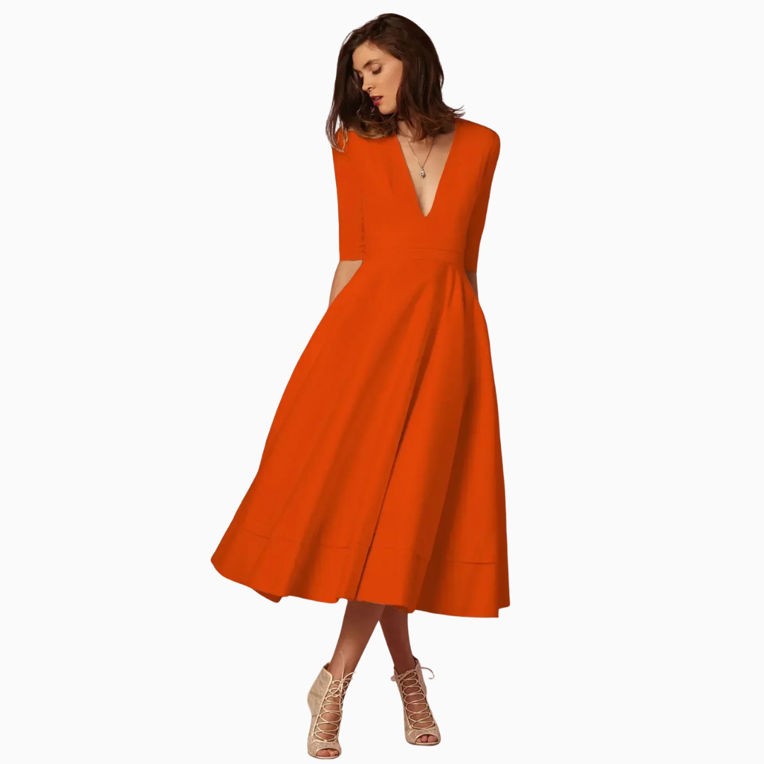 Robe Midi Femme Col V – Taille Ajustée Jupe Évasée | Silhouette Chic au Quotidien