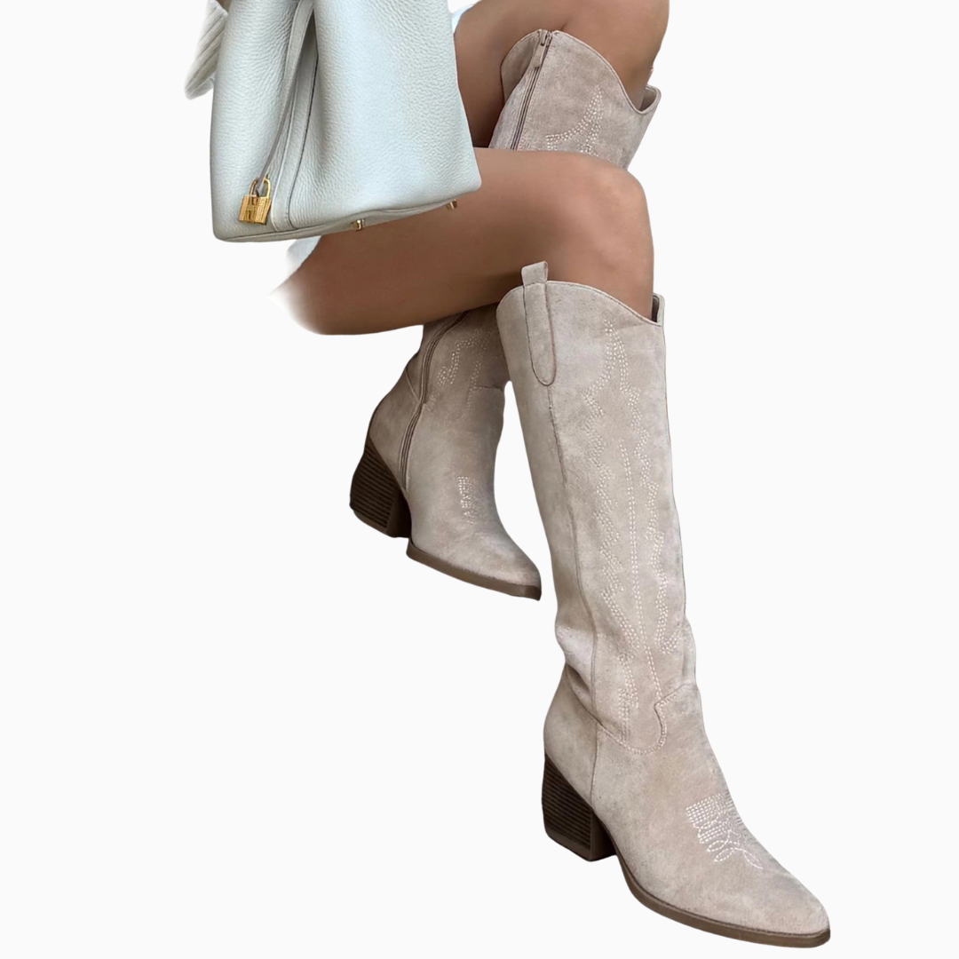 Bottes hautes femme style western à talon bloc brodé