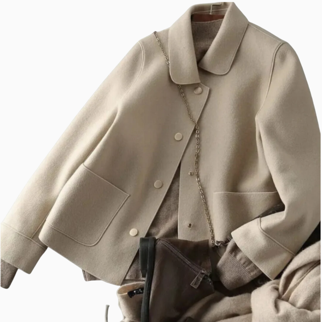 Veste Femme Courte Beige en Mélange de Laine Boutonnée