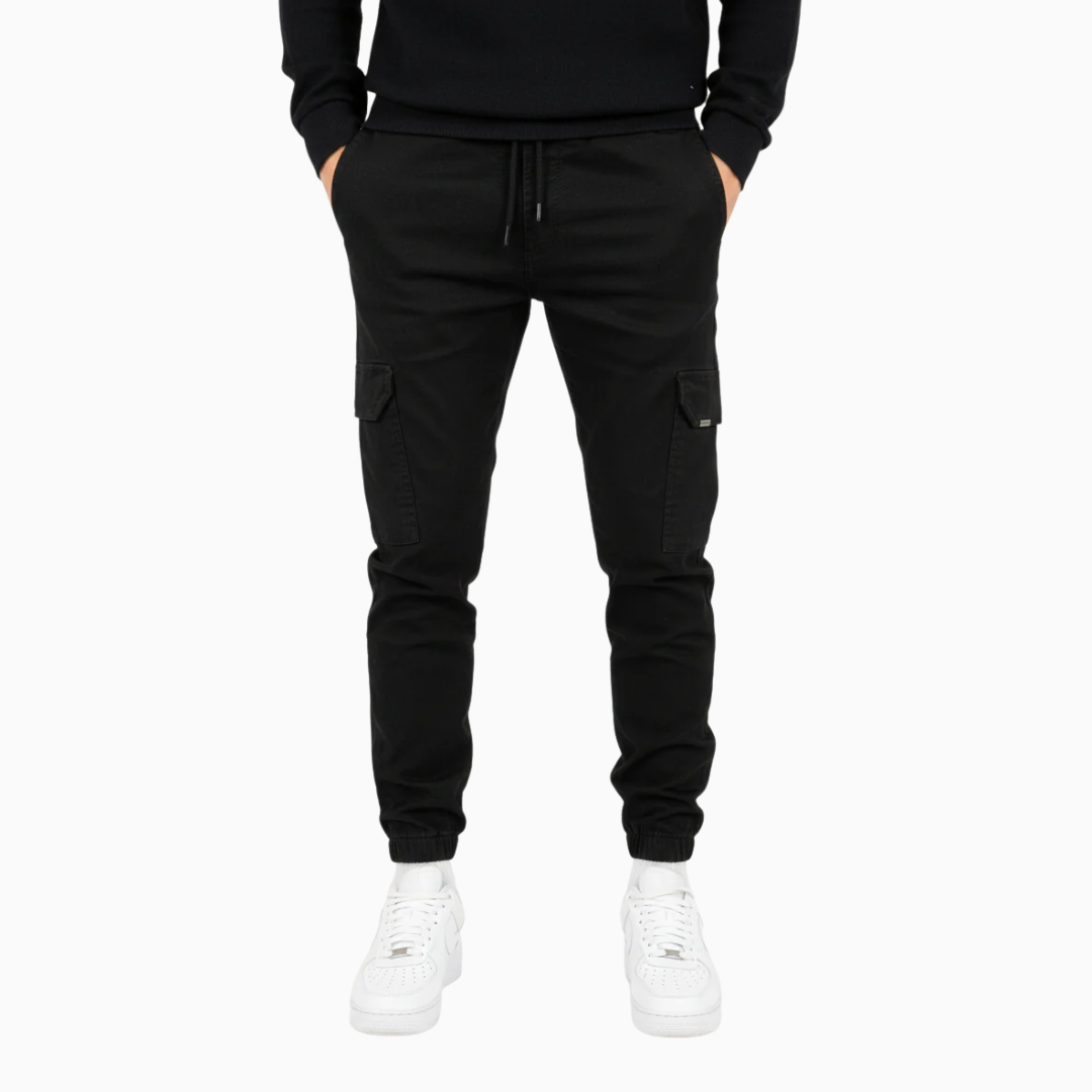 Pantalon cargo jogger homme taille élastique cordon de serrage coupe slim chevilles resserrées