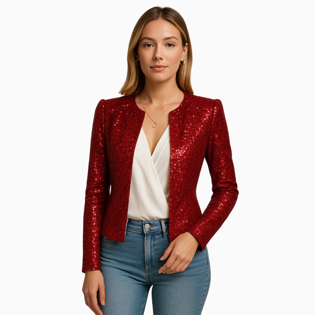 Veste femme effet pailleté manches longues coupe cintrée ouverte devant