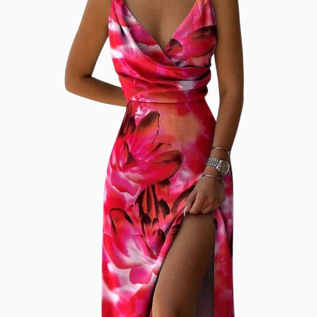 Robe maxi femme col en V sans manches buste froncé imprimé floral fente latérale