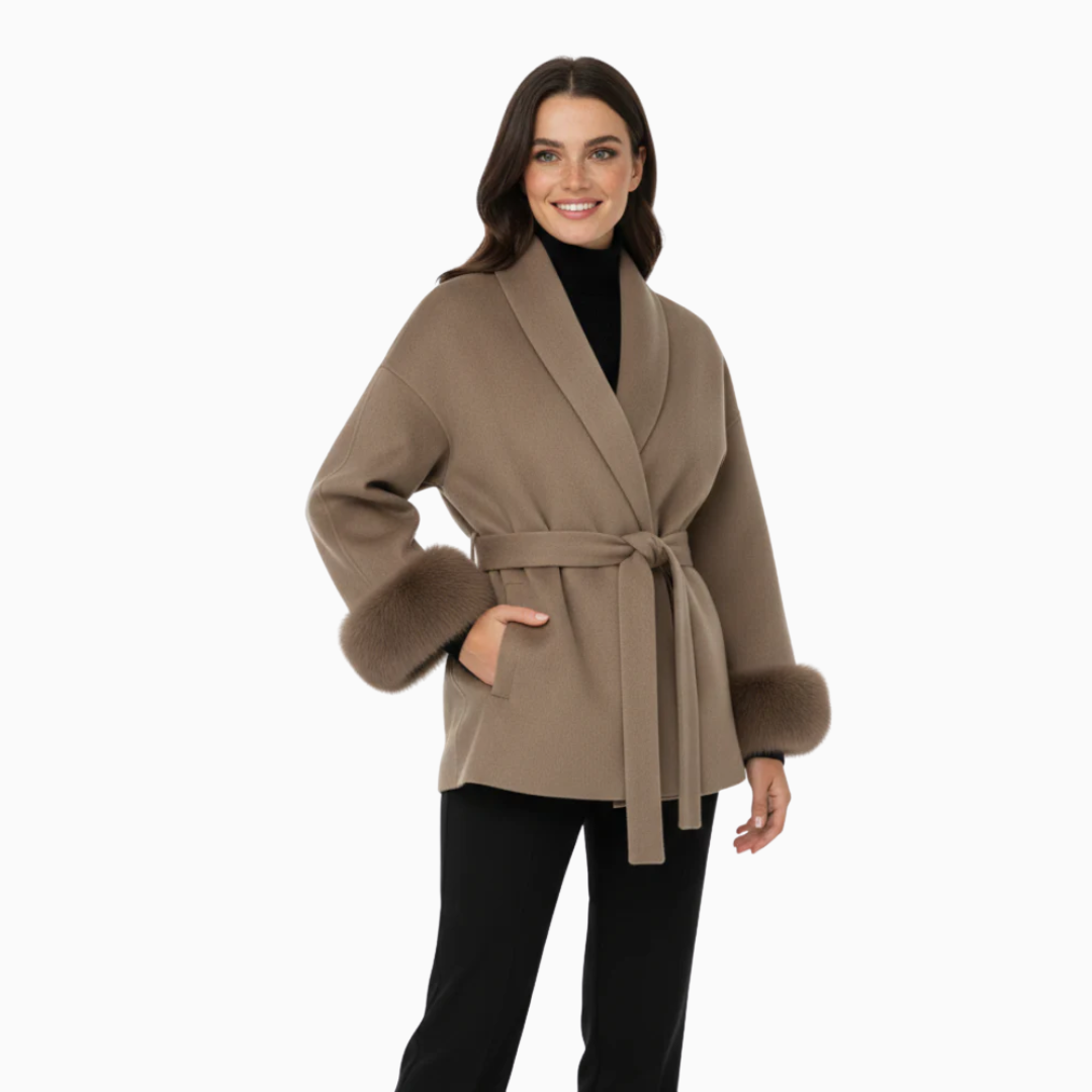 Manteau femme ceinturé col châle manches longues poignets effet fourrure