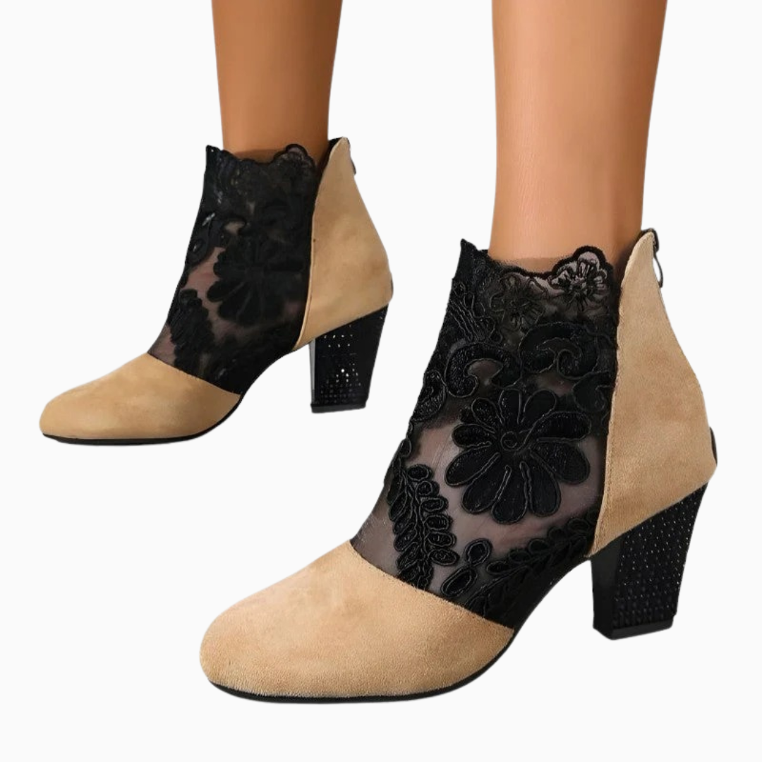 Bottines femme talon bloc empiècement dentelle fermeture zippée