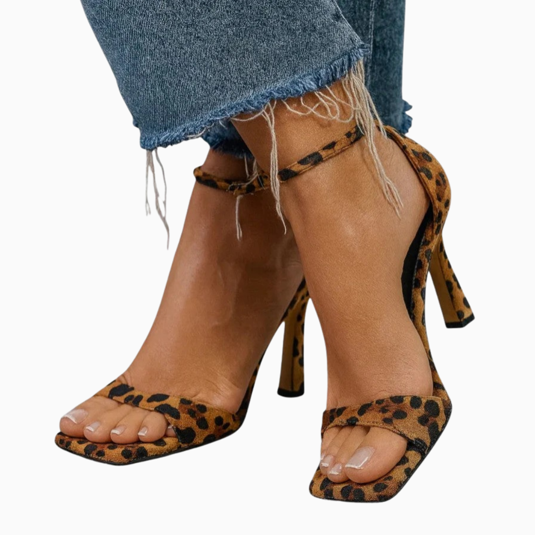 Sandales à talon femme brides fines imprimé léopard fermeture boucle