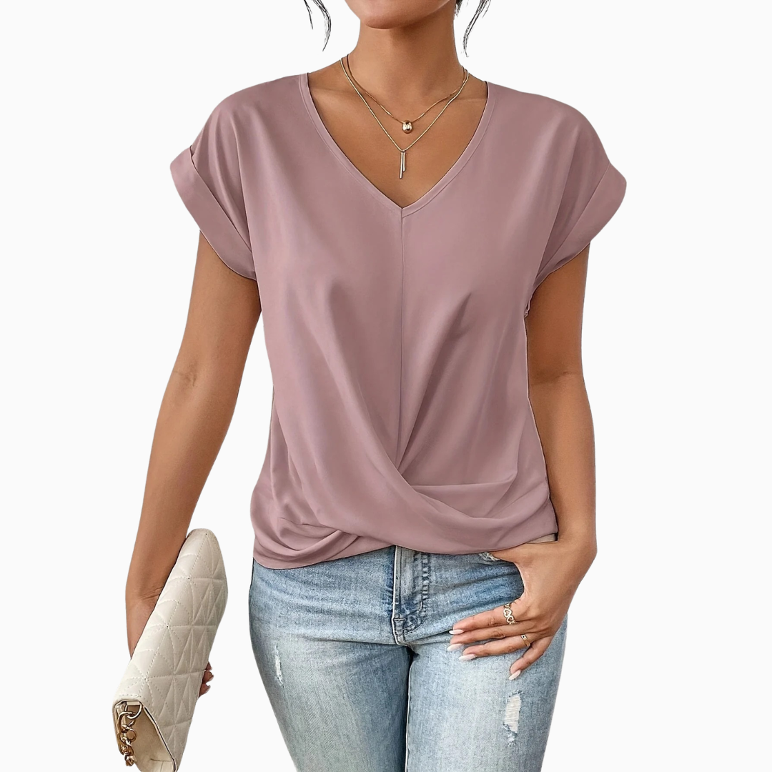Blouse Femme Col V avec Détail Croisé – Haut Décontracté Manches Courtes
