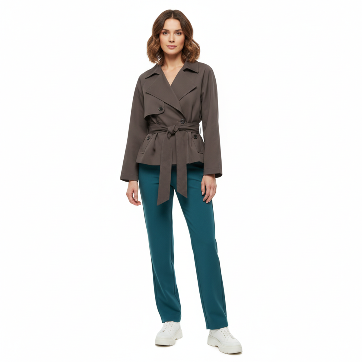 Trench Court Femme Ceinturé Col Revers – Manteau Court Double Boutonnage | Élégance Mi-Saison