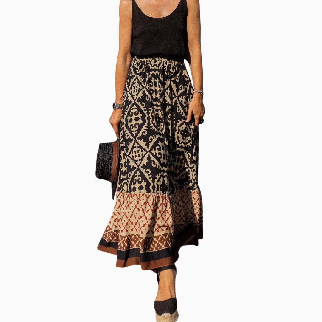 Jupe longue bohème femme taille haute ceinture élastique imprimé mixte ourlet volanté