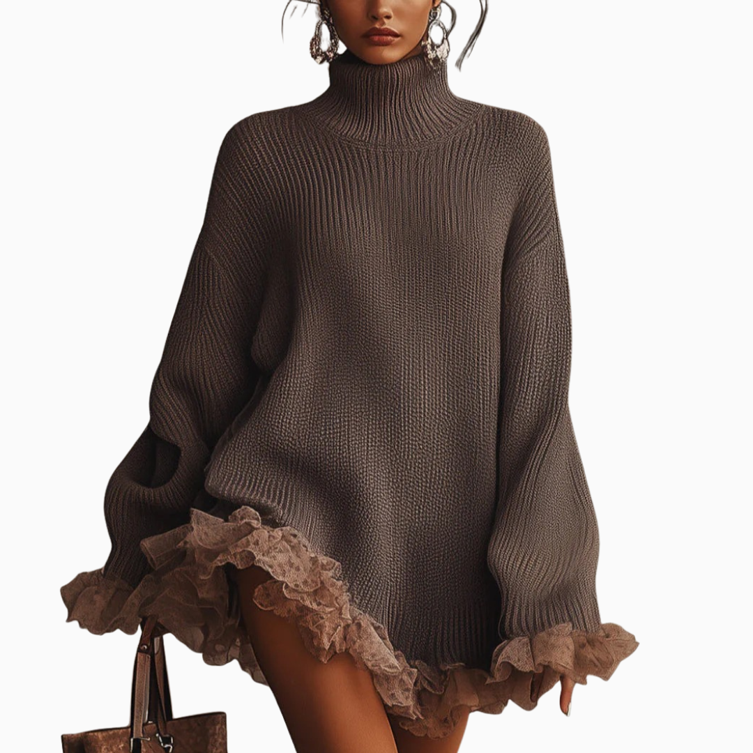 Robe pull femme maille col montant manches longues ourlet volanté