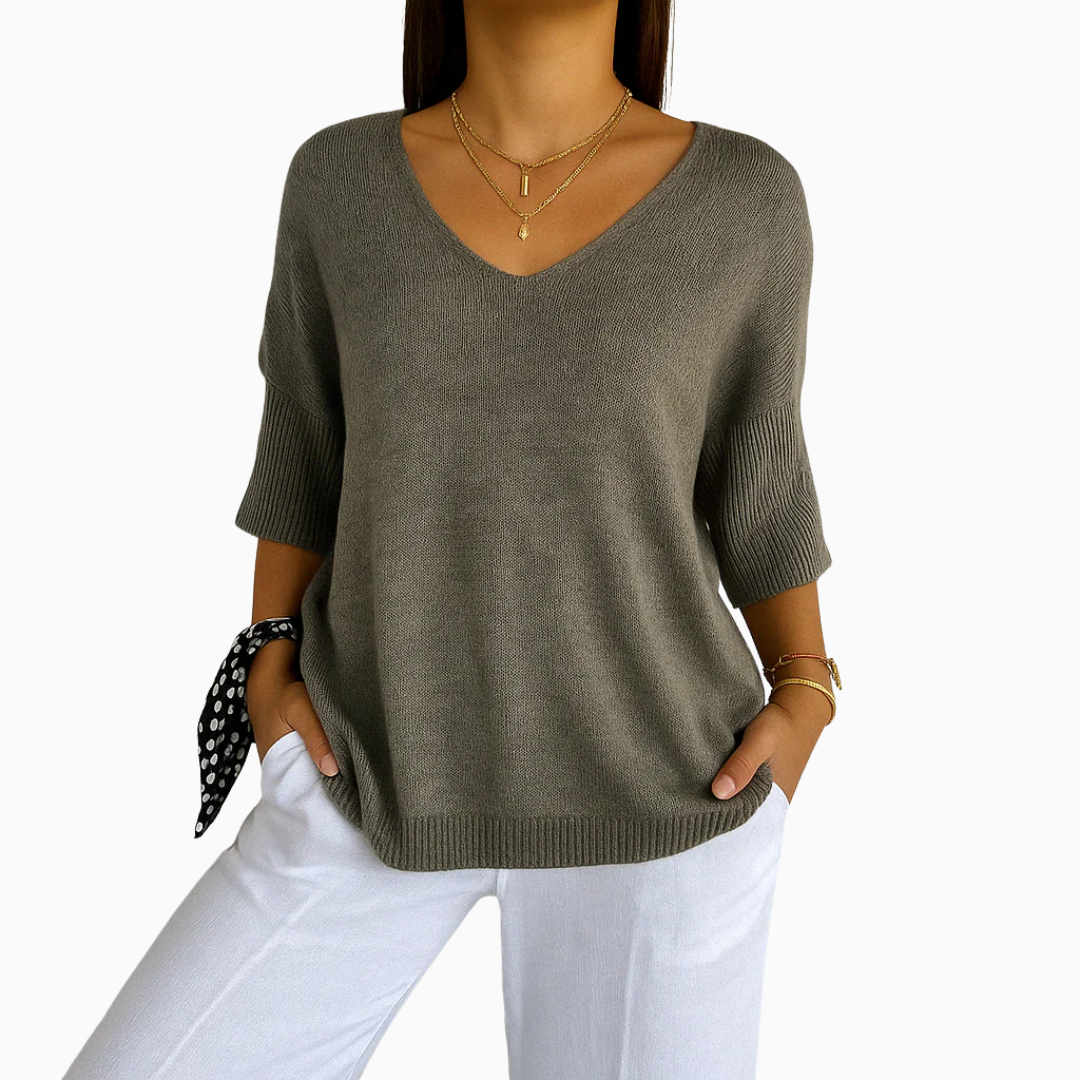 Pull Femme Col V Maille Légère Manches Courtes Coupe Décontractée