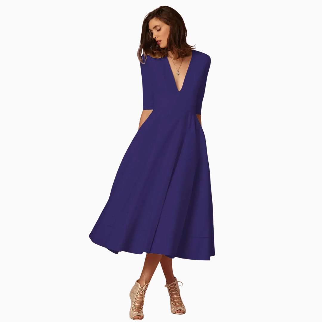 Robe midi femme col en V manches trois-quarts taille ajustée jupe évasée