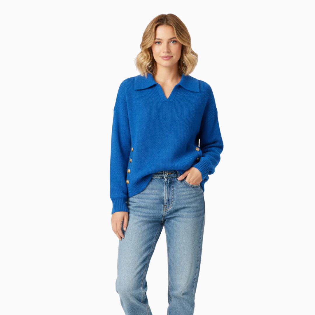 Pull femme col polo manches longues boutons latéraux coupe ample