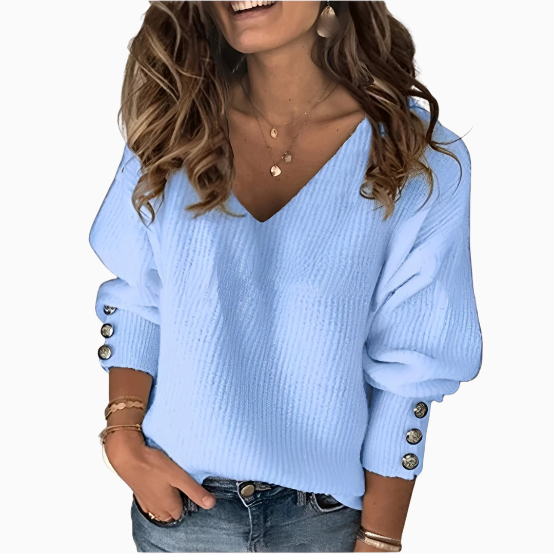 Pull femme col en V manches longues boutons décoratifs coupe ample