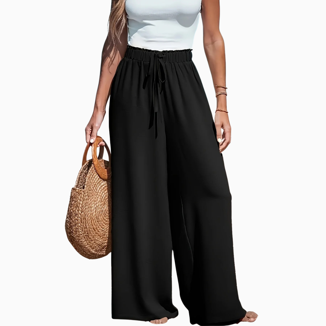 Pantalon femme coupe large taille haute élastique lien à nouer longueur au sol
