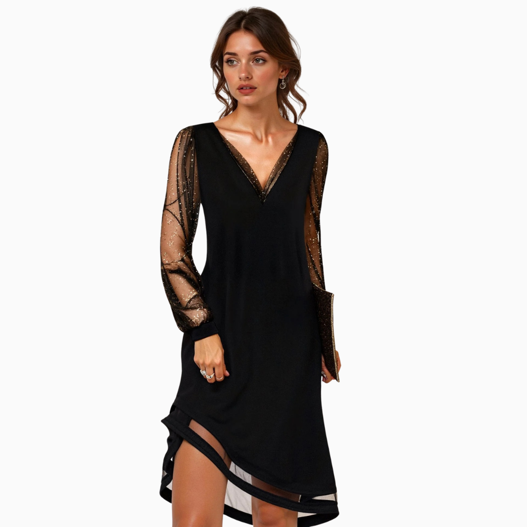 Robe courte femme col en V manches longues transparentes ourlet asymétrique