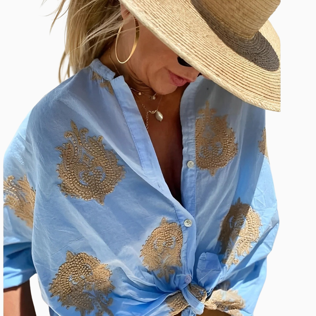 Chemise Femme Brodée – Blouse Légère Boutonnée d’Été