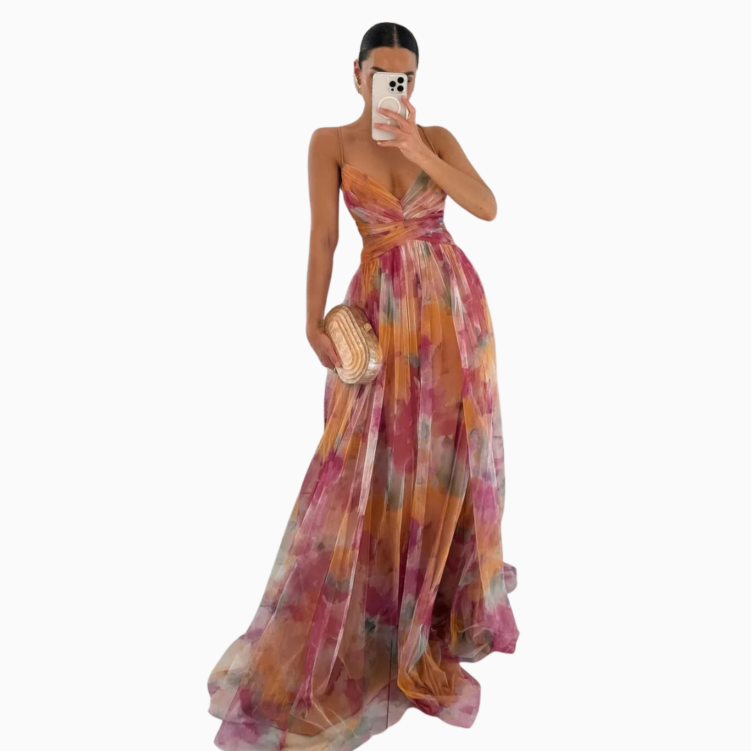 Robe maxi femme col en V bretelles fines buste froncé jupe plissée imprimé floral