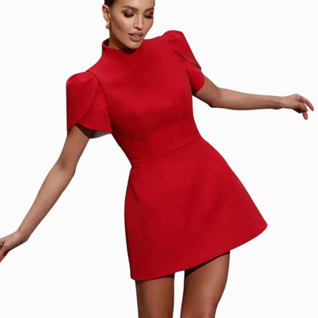 Robe mini femme col montant manches courtes épaules structurées coupe ajustée