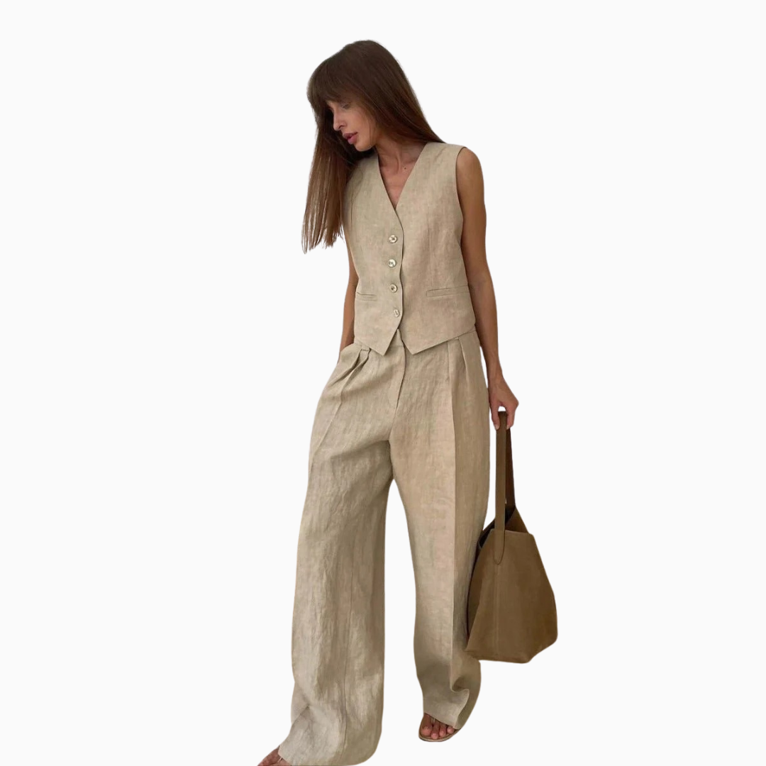 Ensemble Lin Femme – Gilet Col V & Pantalon Large Fluide | Élégance Naturelle pour l'Été