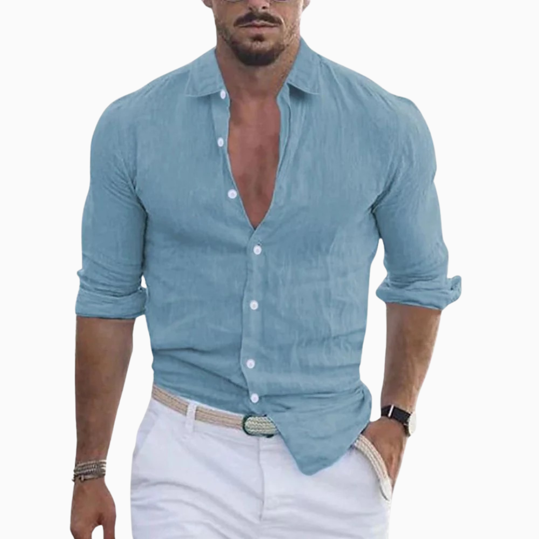 Alessio chemise homme en lin manches longues col ouvert style casual