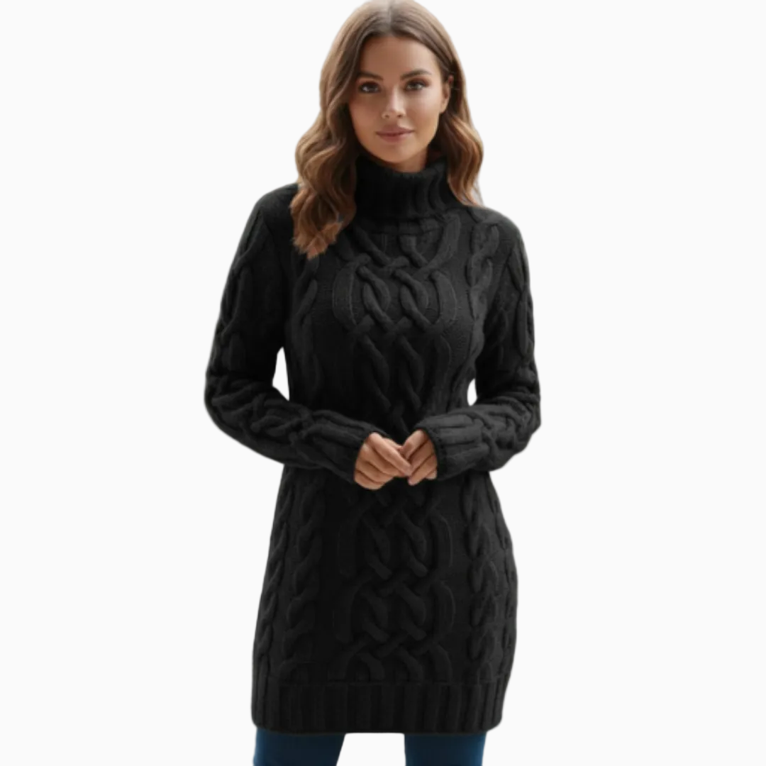 Robe Pull Femme Classique Maille Torsadée Coupe Ajustée Col Montant