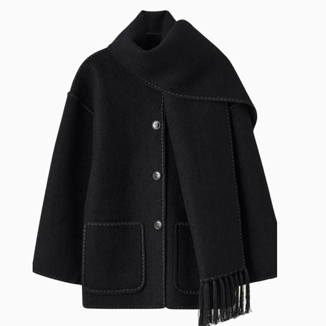 Manteau Femme en Maille avec Finitions Contrastées et Écharpe Intégrée