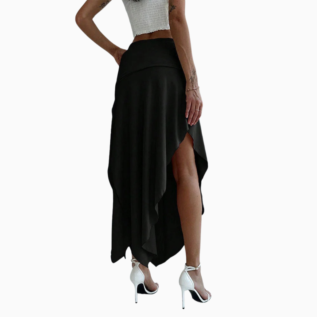 Jupe maxi femme taille haute ourlet asymétrique high low fente latérale longueur cheville