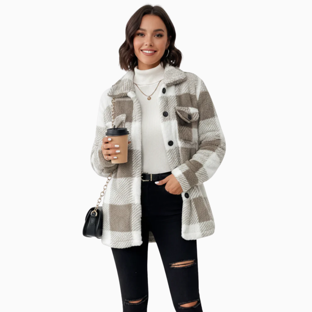 Veste femme motif à carreaux fermeture boutonnée manches longues coupe droite