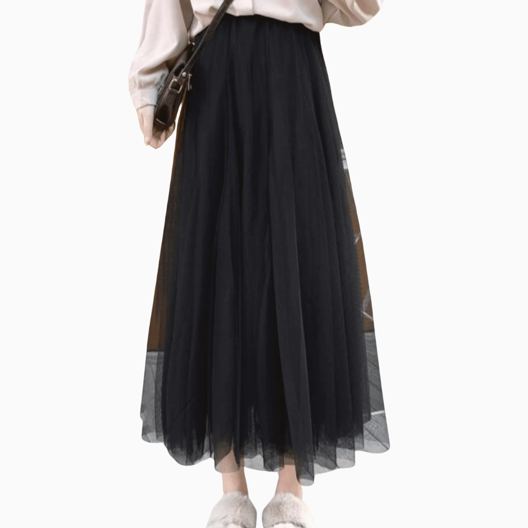 Jupe longue en tulle femme taille haute ceinture élastique superposition en maille coupe fluide