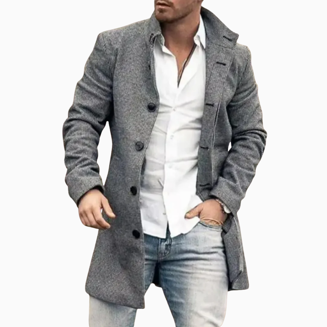 Manteau Homme Classique Mélange Laine Boutonné Manches Longues Coupe Ajustée