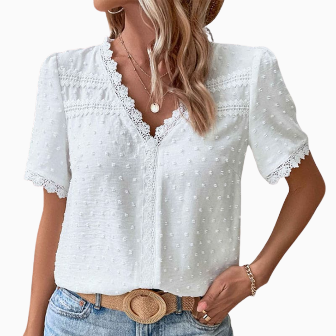 Blouse Femme avec Finitions en Dentelle et Détail Texturé Haut Élégant à Manches Courtes