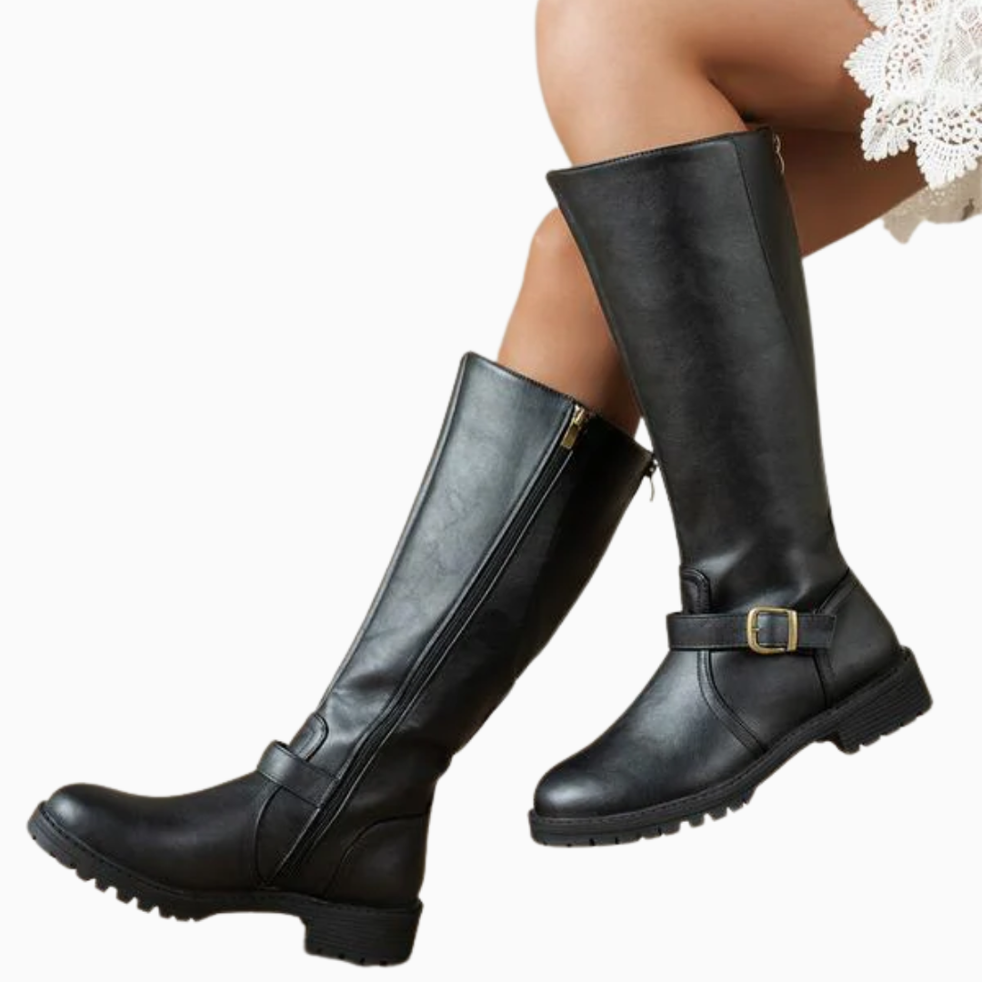 Bottes femme hauteur genou fermeture zippée boucle décorative semelle crantée