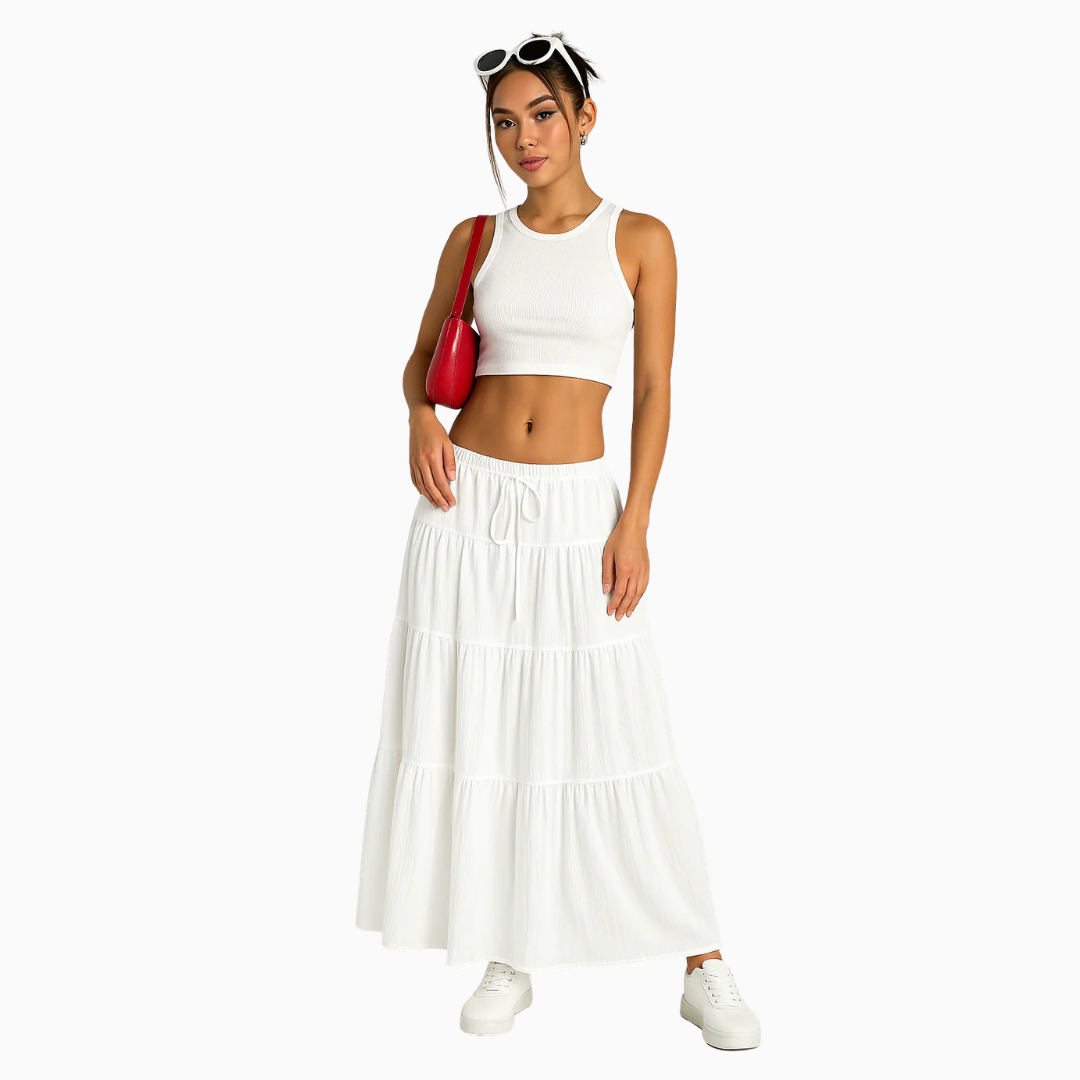 Jupe maxi femme taille haute élastique lien à nouer volants superposés longueur cheville