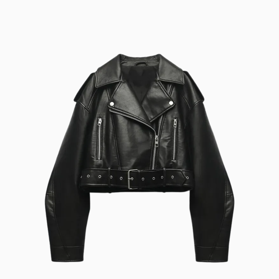 Veste Femme Courte en Cuir Zippée avec Ceinture Design Moderne