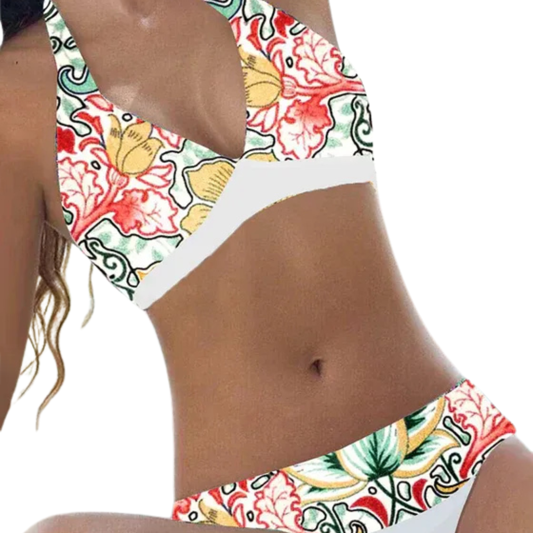 Éva | Bikini femme imprimé deux pièces col en V avec bas classique