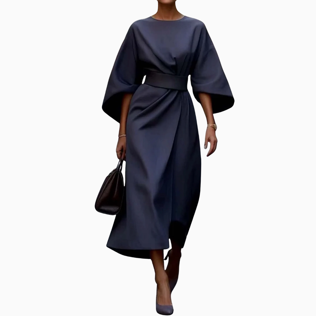 Robe midi femme encolure ronde manches larges ceinture taille coupe droite