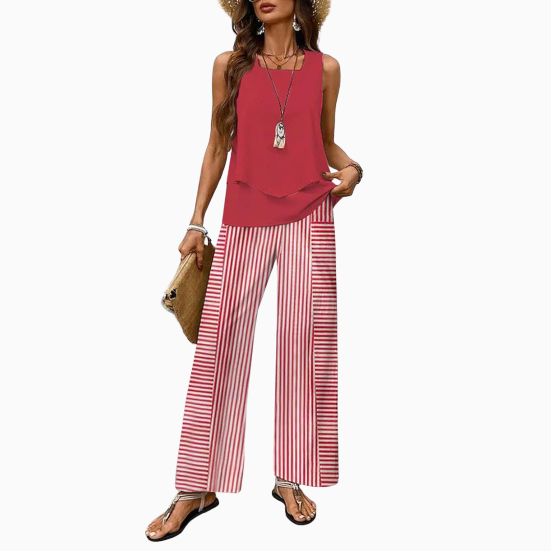Ensemble Femme Deux Pièces Rayé – Haut Sans Manches & Pantalon Large | Style Estival Chic