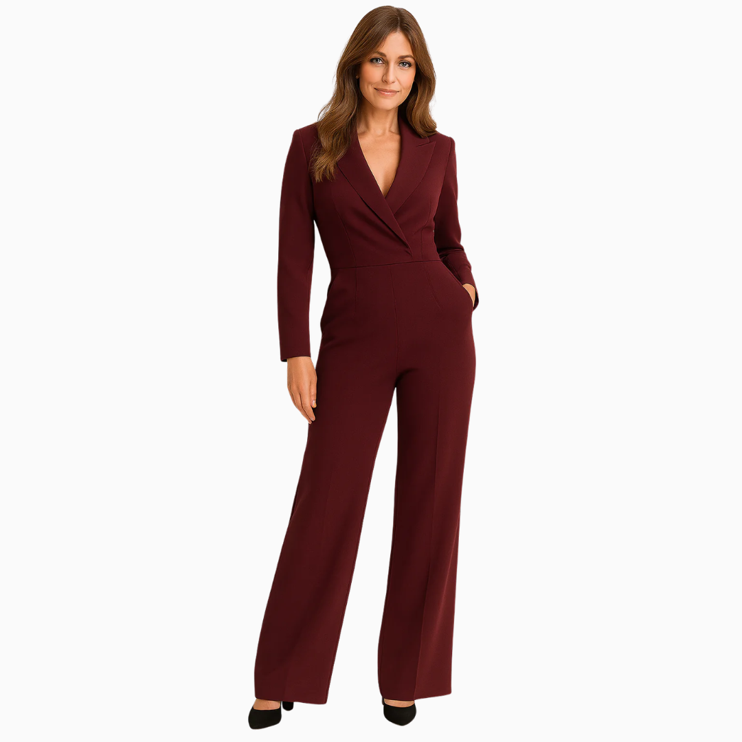 Combinaison femme coupe tailleur col en V manches longues jambes larges longueur au sol