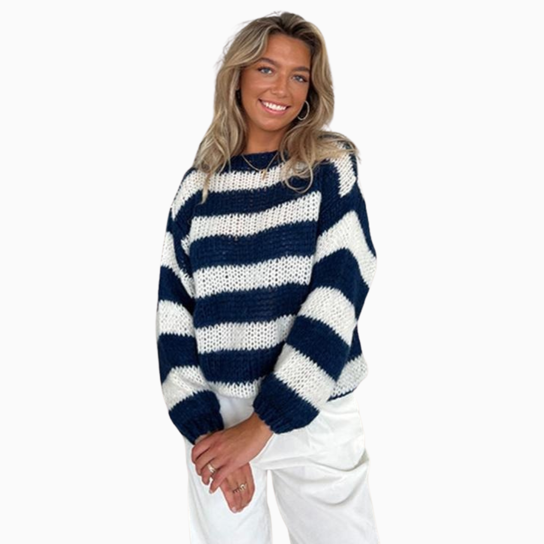 Pull femme maille rayée col rond manches longues coupe ample