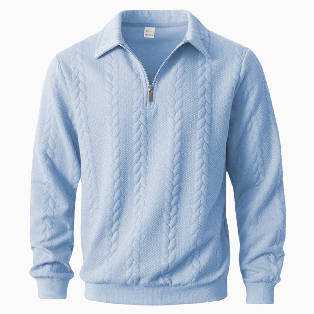 Pull homme col polo zippé maille torsadée manches longues coupe droite