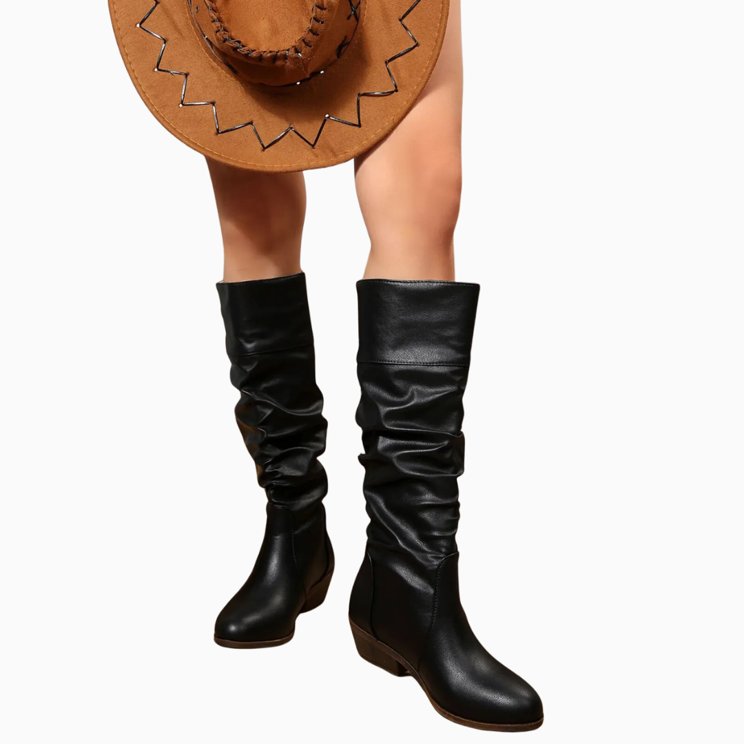 Bottes mi mollet femme effet froncé à talon compensé bas