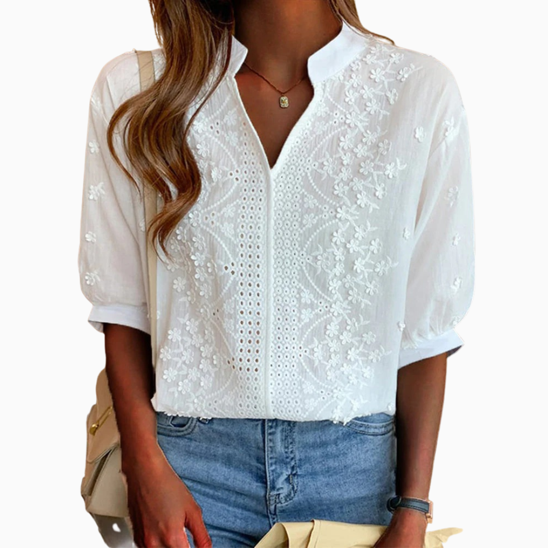 Blouse Femme Brodée en Dentelle Manches Mi-Longues Style Élégant Décontracté