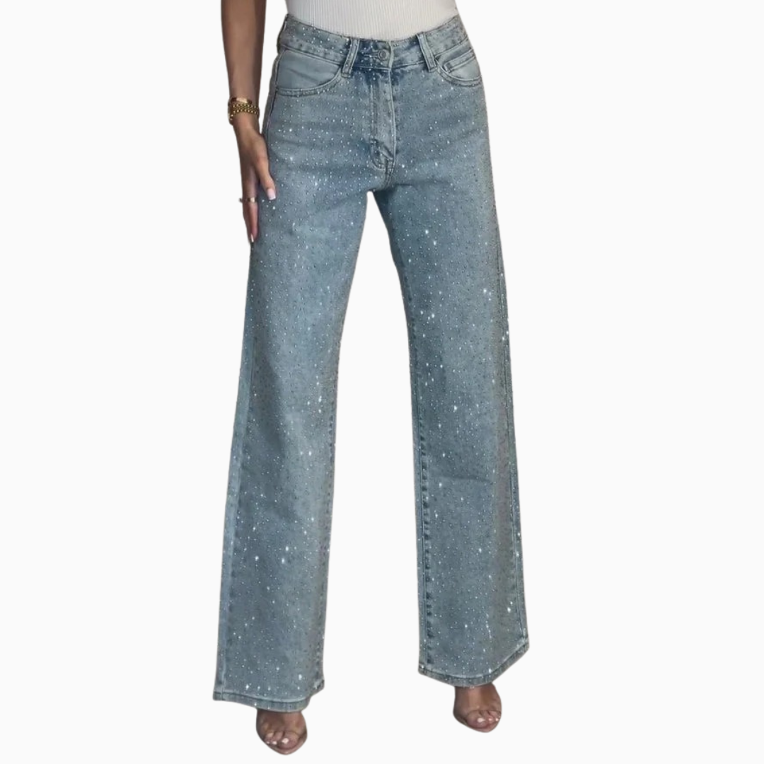 Jean femme coupe large taille haute strass cinq poches longueur cheville