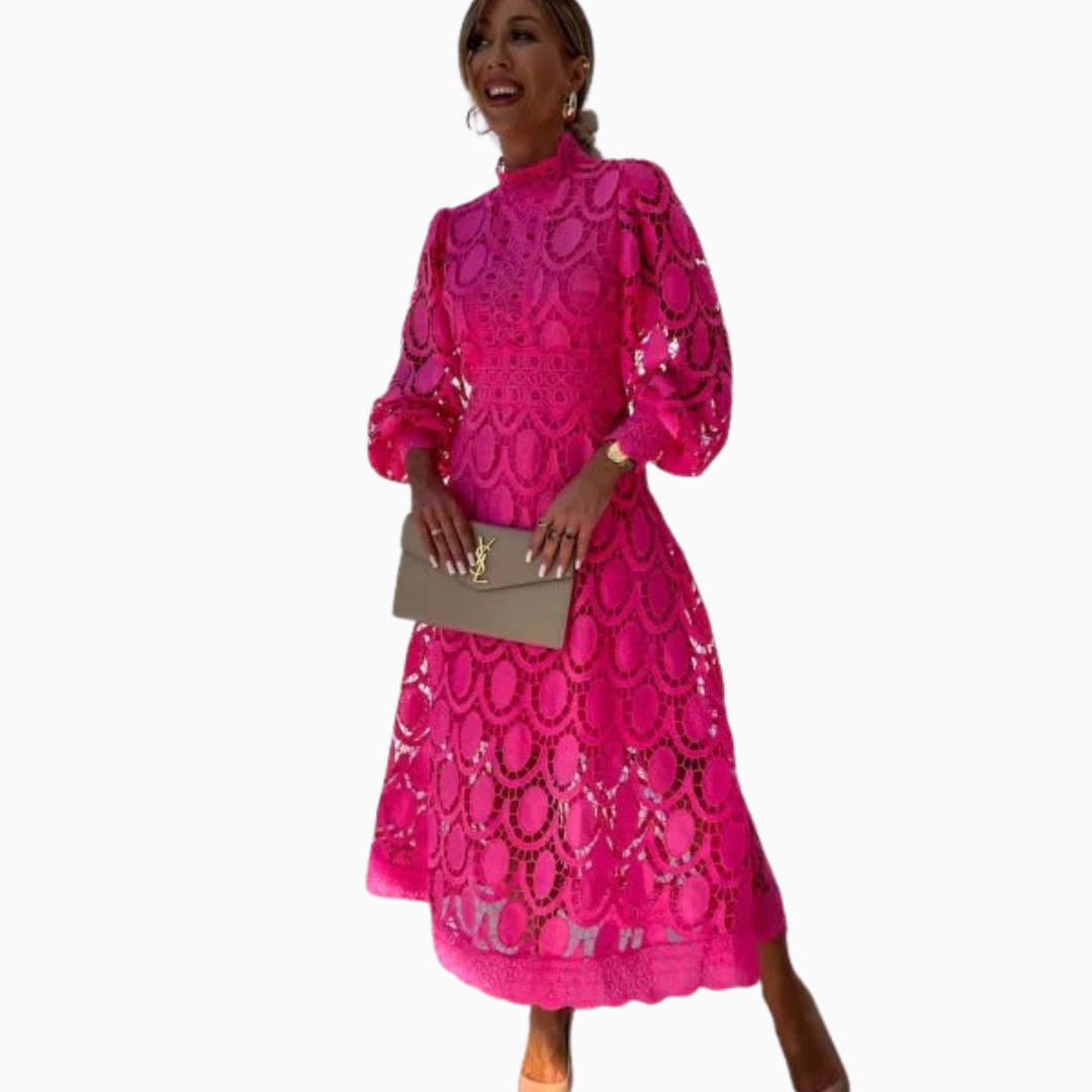 Robe midi femme col montant manches longues bouffantes dentelle jupe évasée