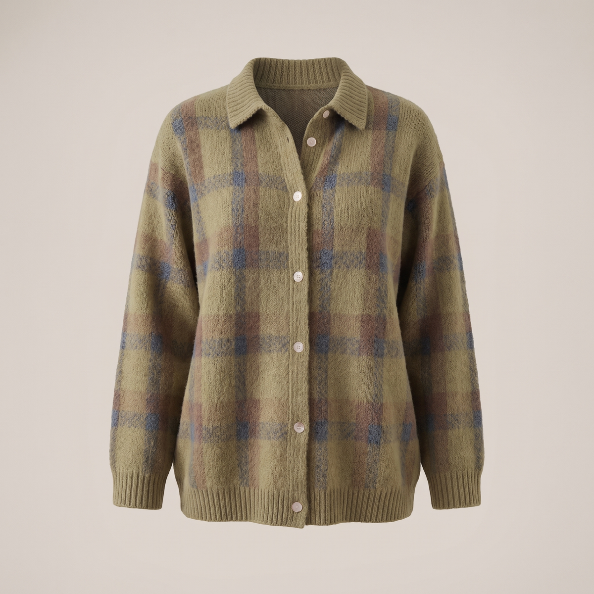 Gilet Femme à Carreaux Vintage Col Chemise – Pull Boutonné en Maille Coupe Ample | Style Rétro d'Hiver