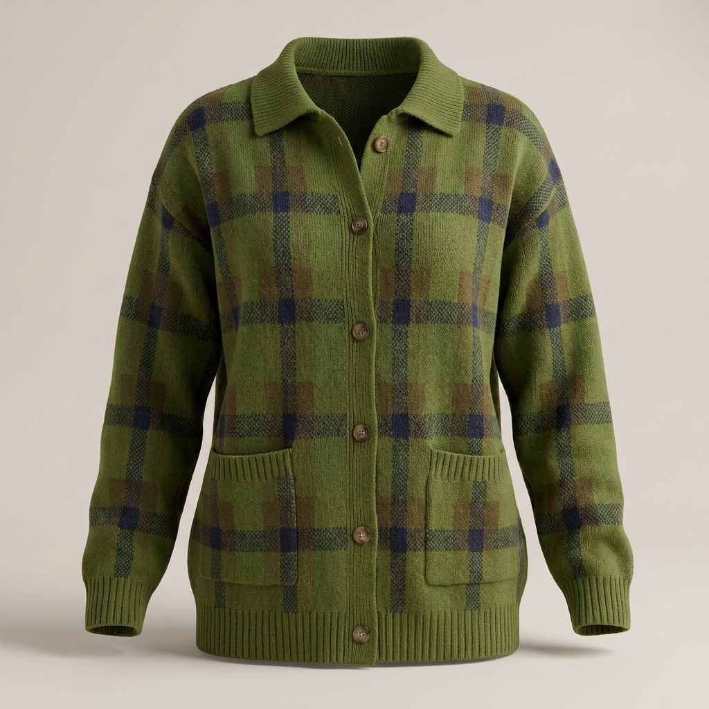 Gilet Femme à Carreaux Vintage Col Chemise – Pull Boutonné en Maille Coupe Ample | Style Rétro d'Hiver