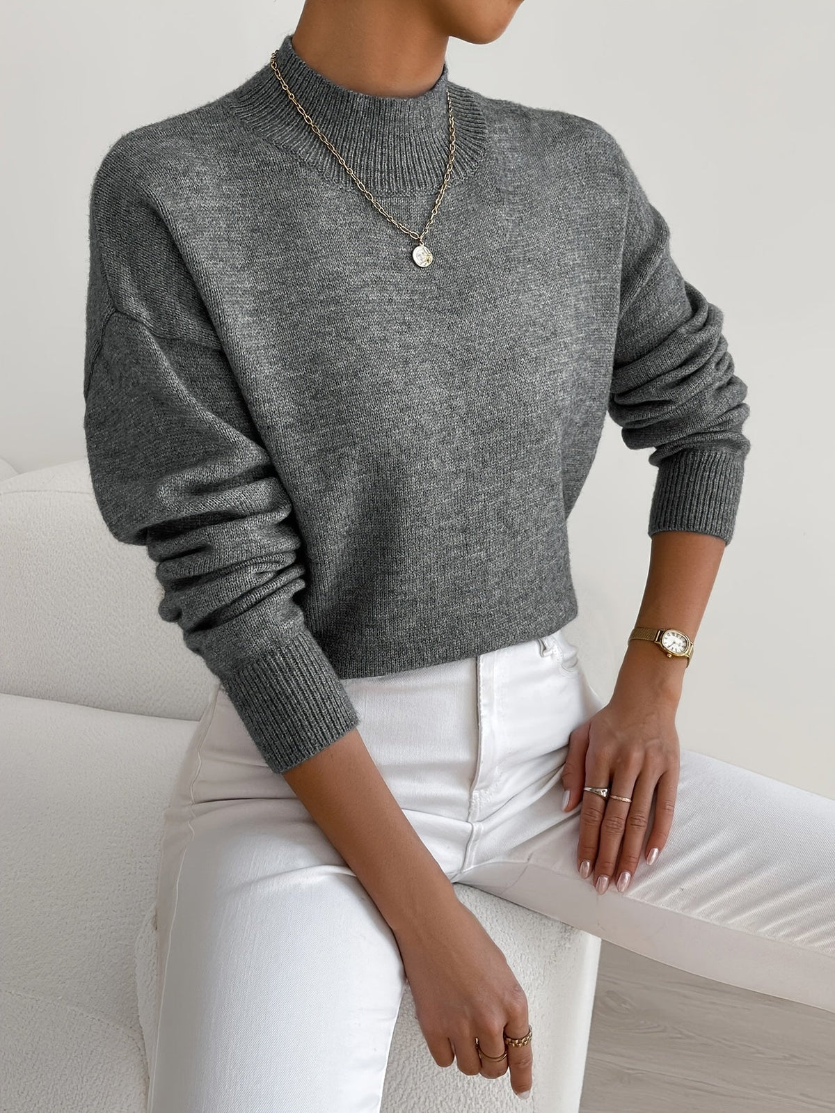Pull Femme Maille Côtelée – Col Montant Manches Longues Chaud | Style Casual Hiver
