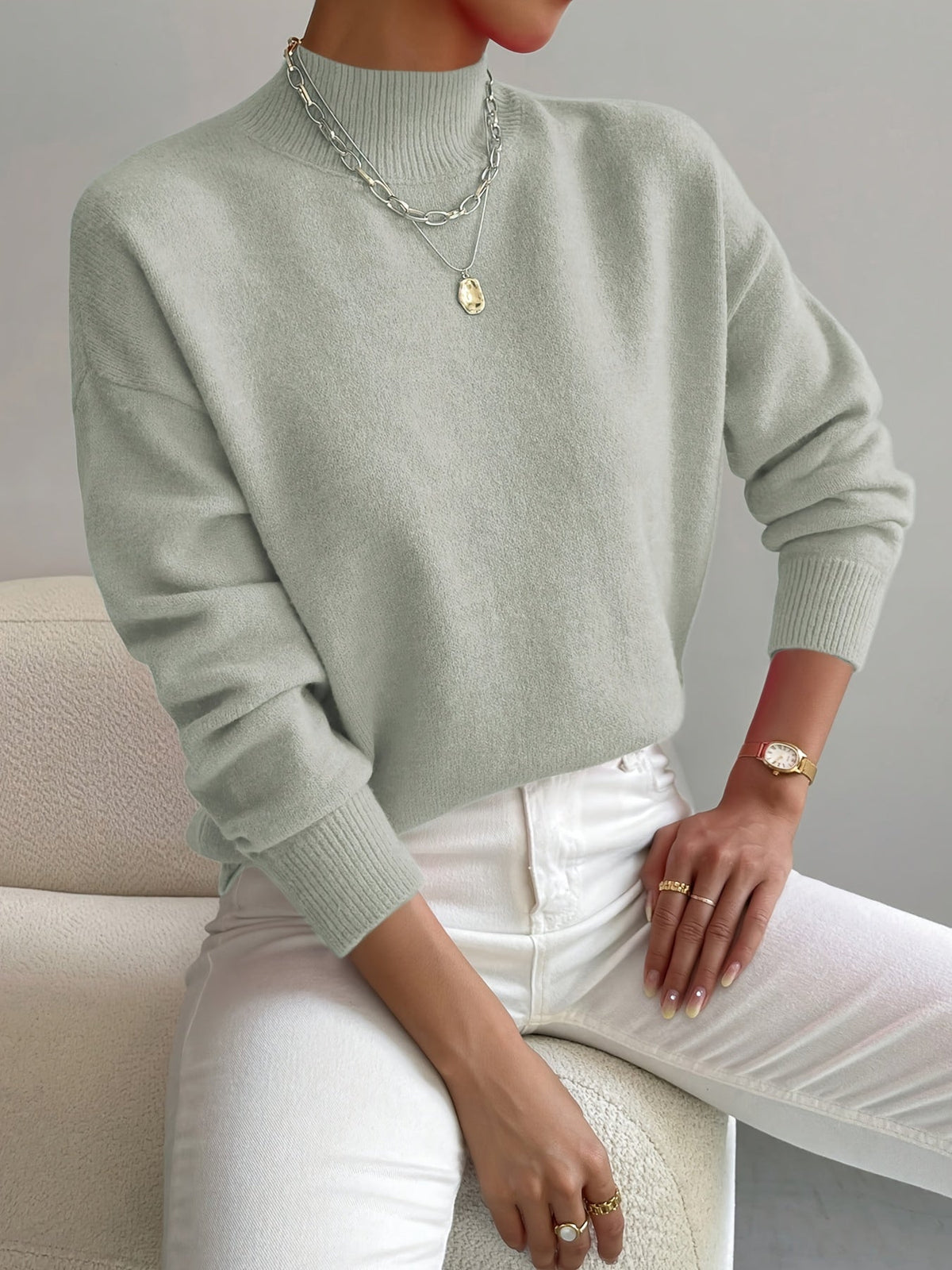 Pull Femme Maille Côtelée – Col Montant Manches Longues Chaud | Style Casual Hiver